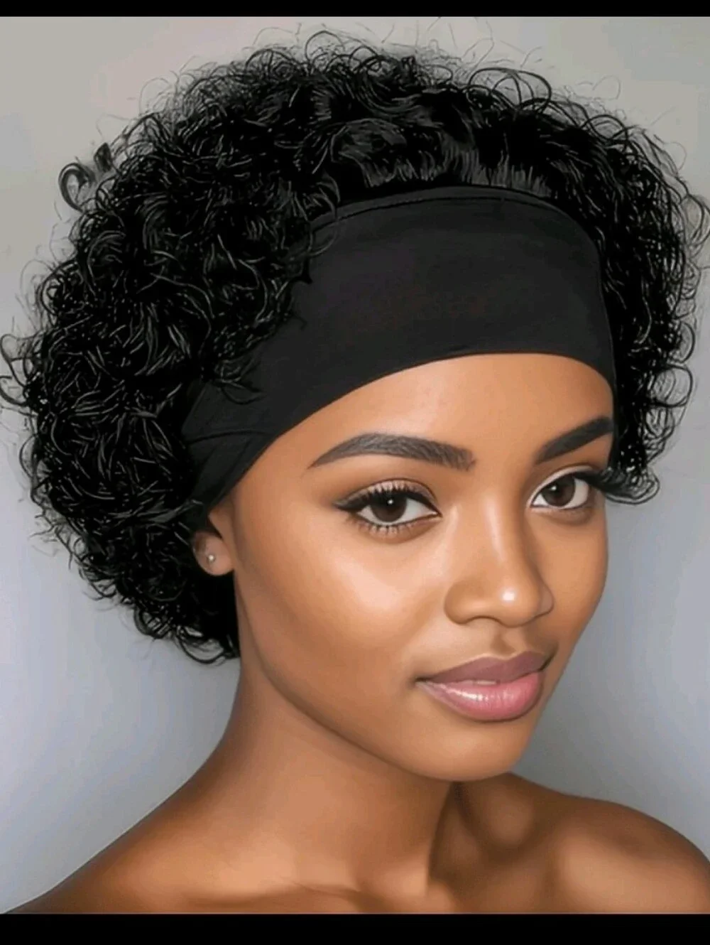 Black Wide Headband Wig Cap with Short Curly Hair